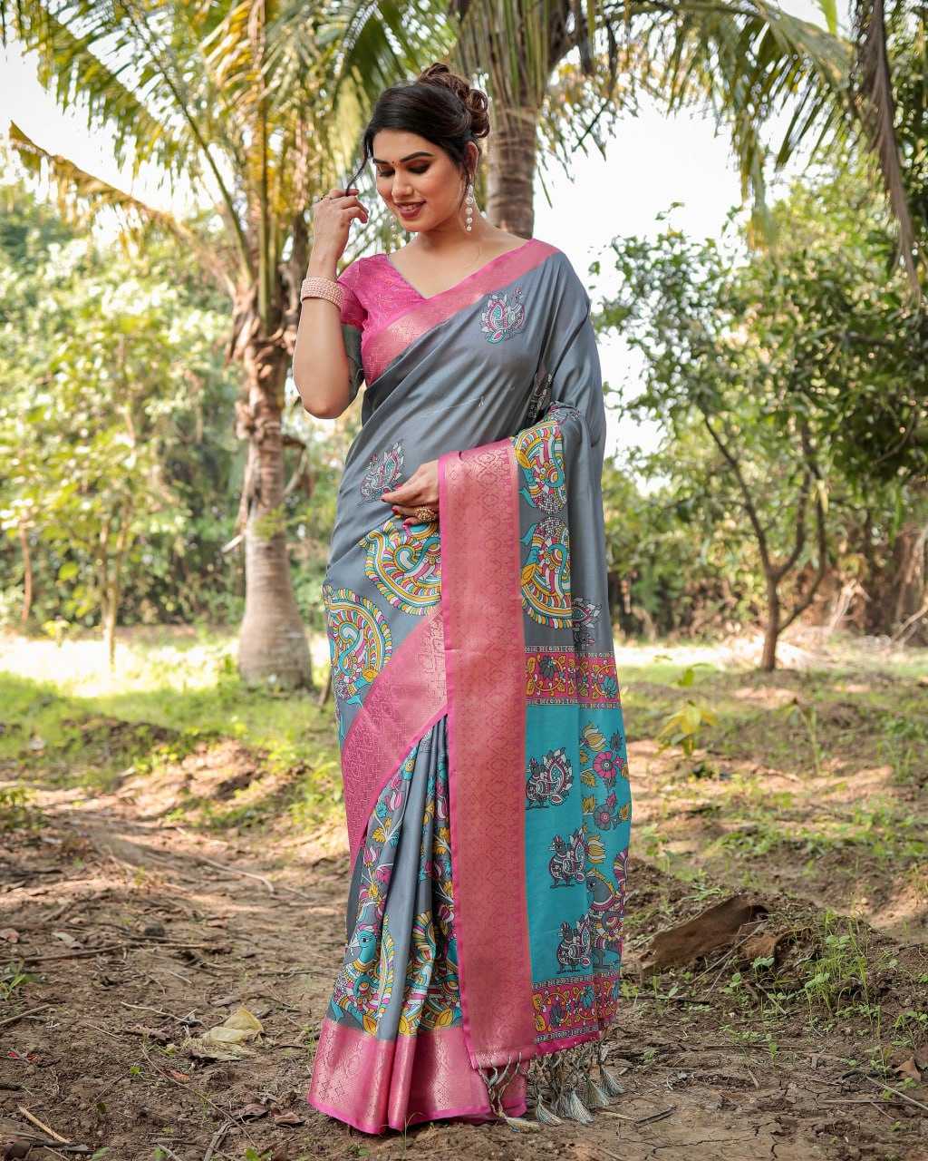 Gray & Pink Pure Silk Saree