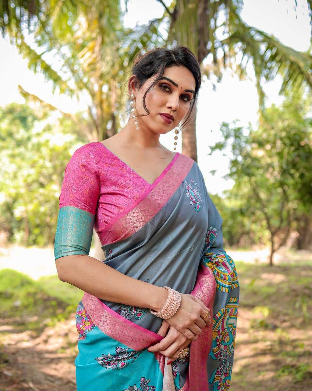 Gray & Pink Pure Silk Saree