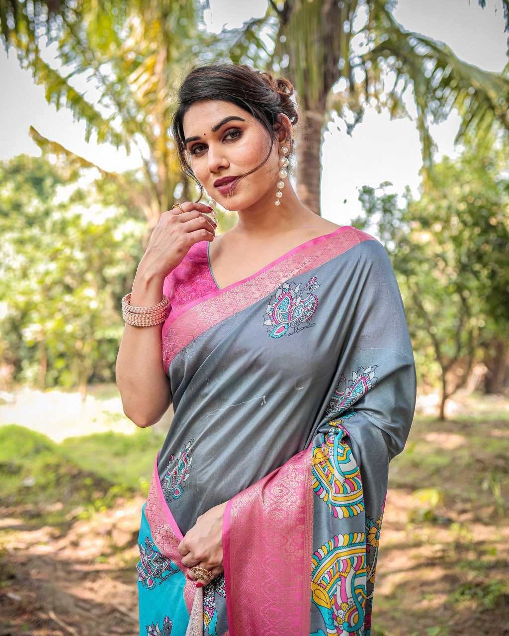 Gray & Pink Pure Silk Saree