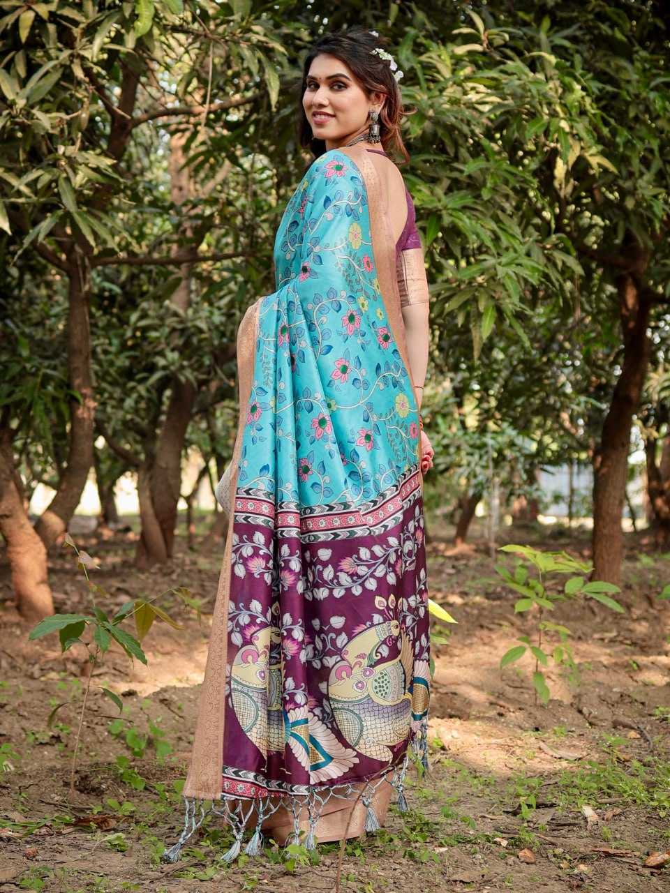 Blue Pure Silk Saree with All Over Print