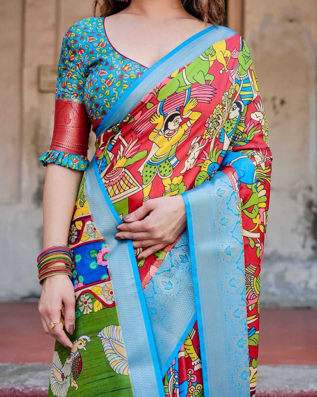 Multi Color Pure Silk Saree with Broad Print