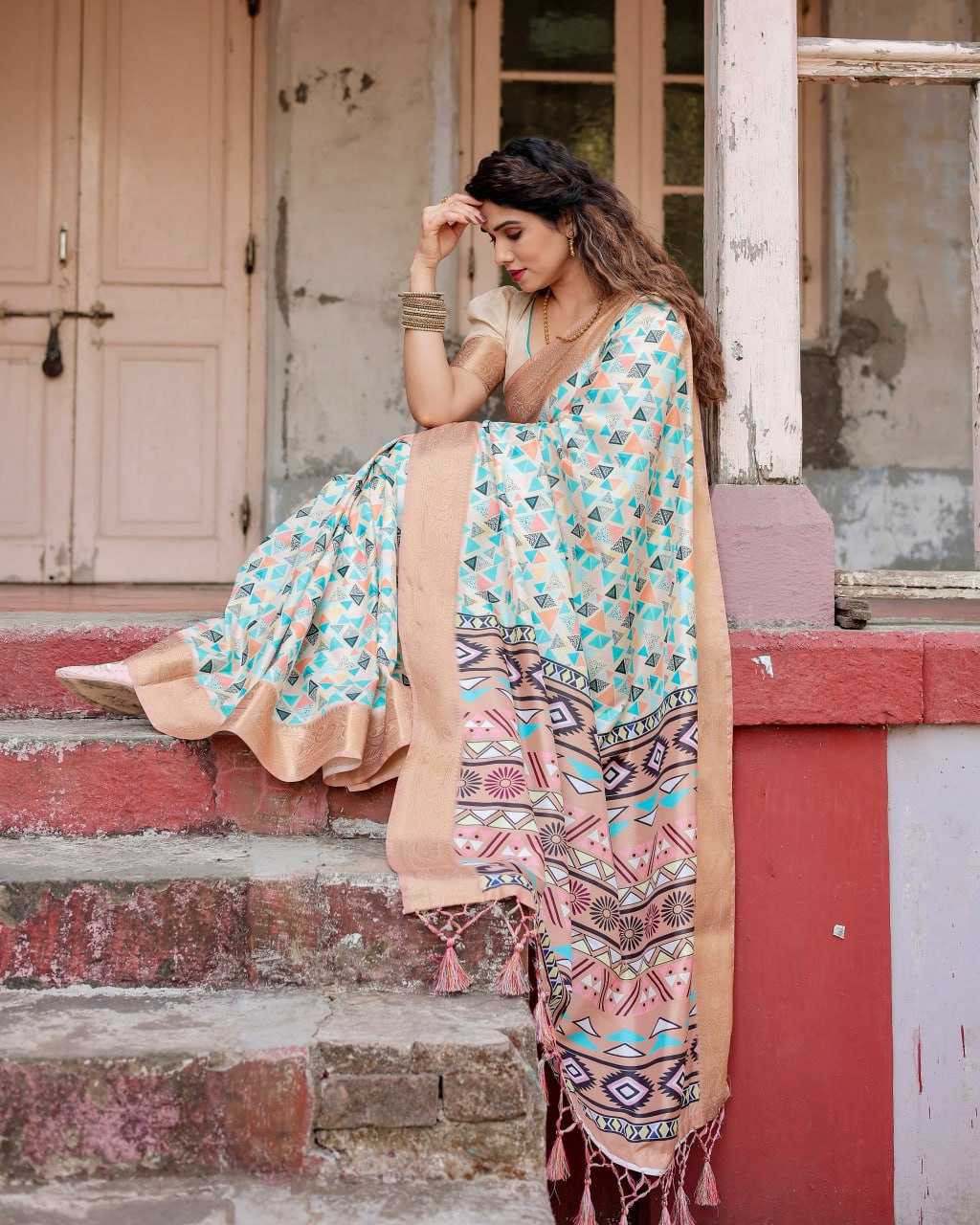 Multi Color Pure Silk Saree with Geometric Patterns