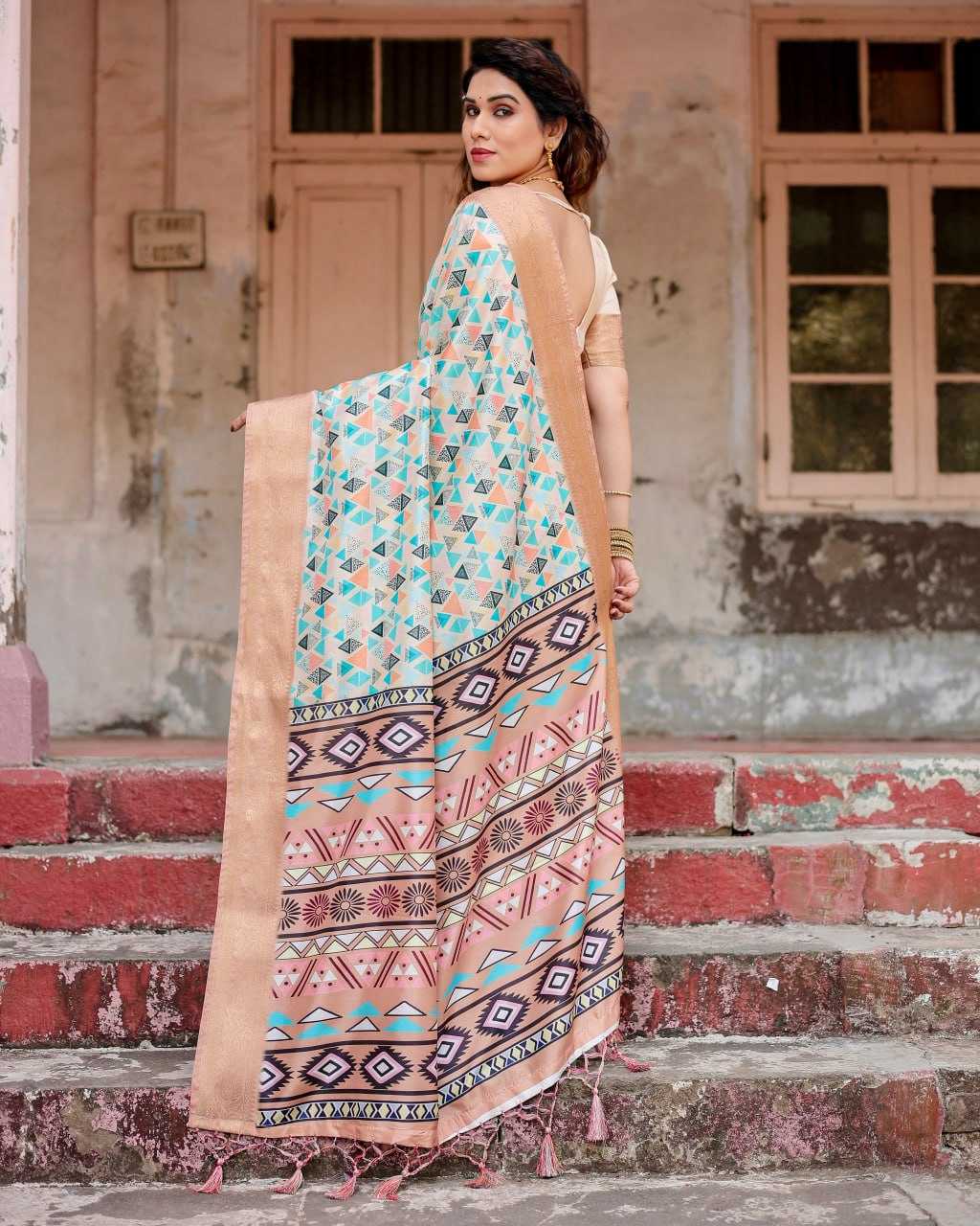 Multi Color Pure Silk Saree with Geometric Patterns