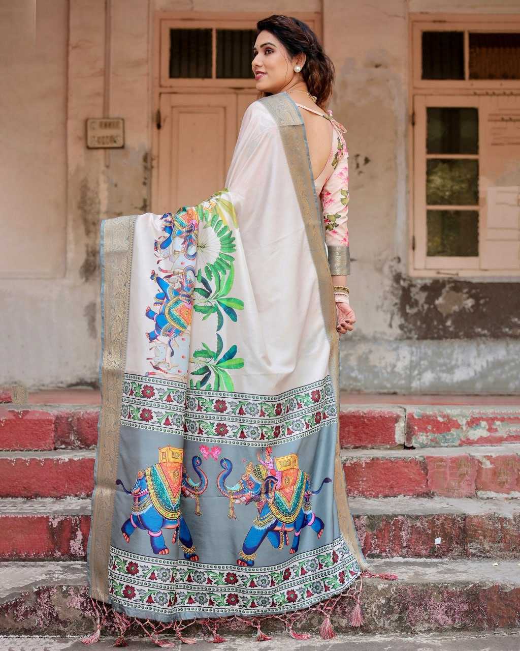 Stylish White Color Pure Silk Saree