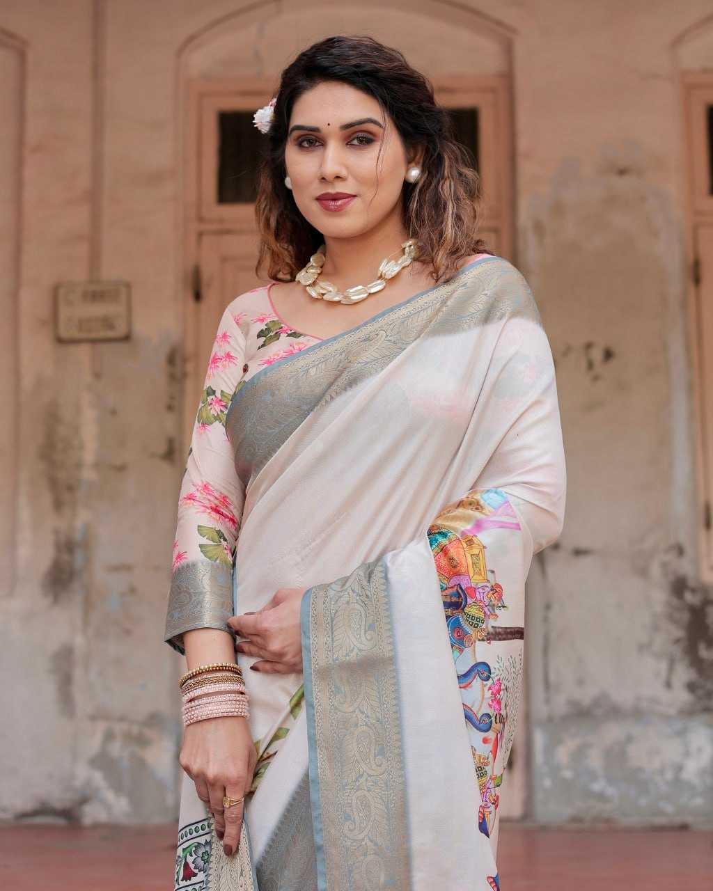 Stylish White Color Pure Silk Saree