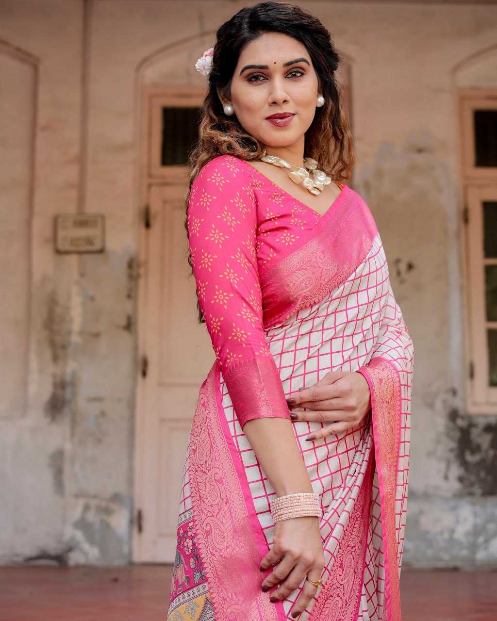 Stylish Pink Color Pure Silk Saree