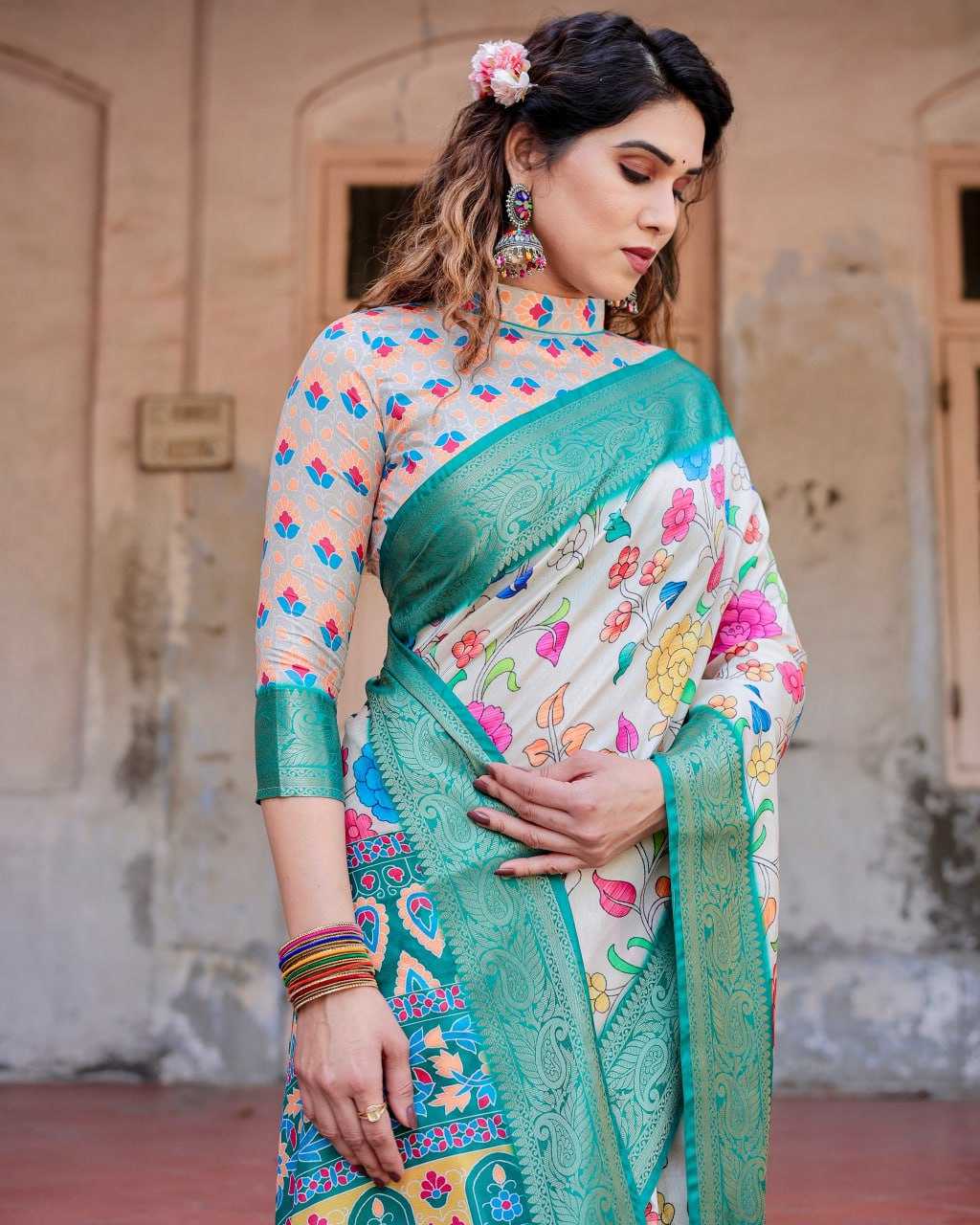 Cream Pure Silk Saree with Floral Design