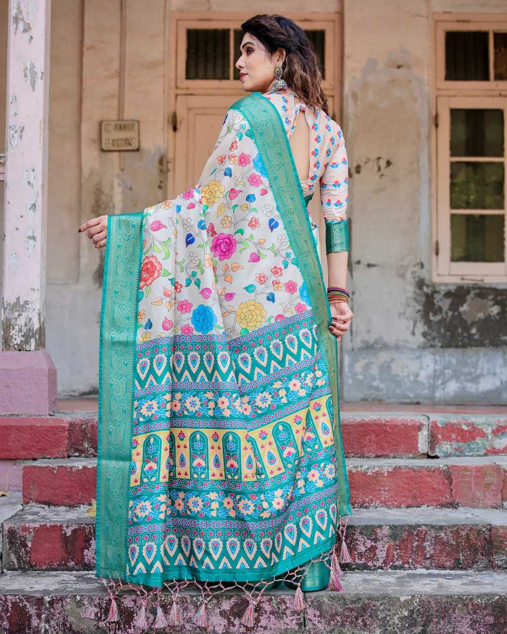 Cream Pure Silk Saree with Floral Design