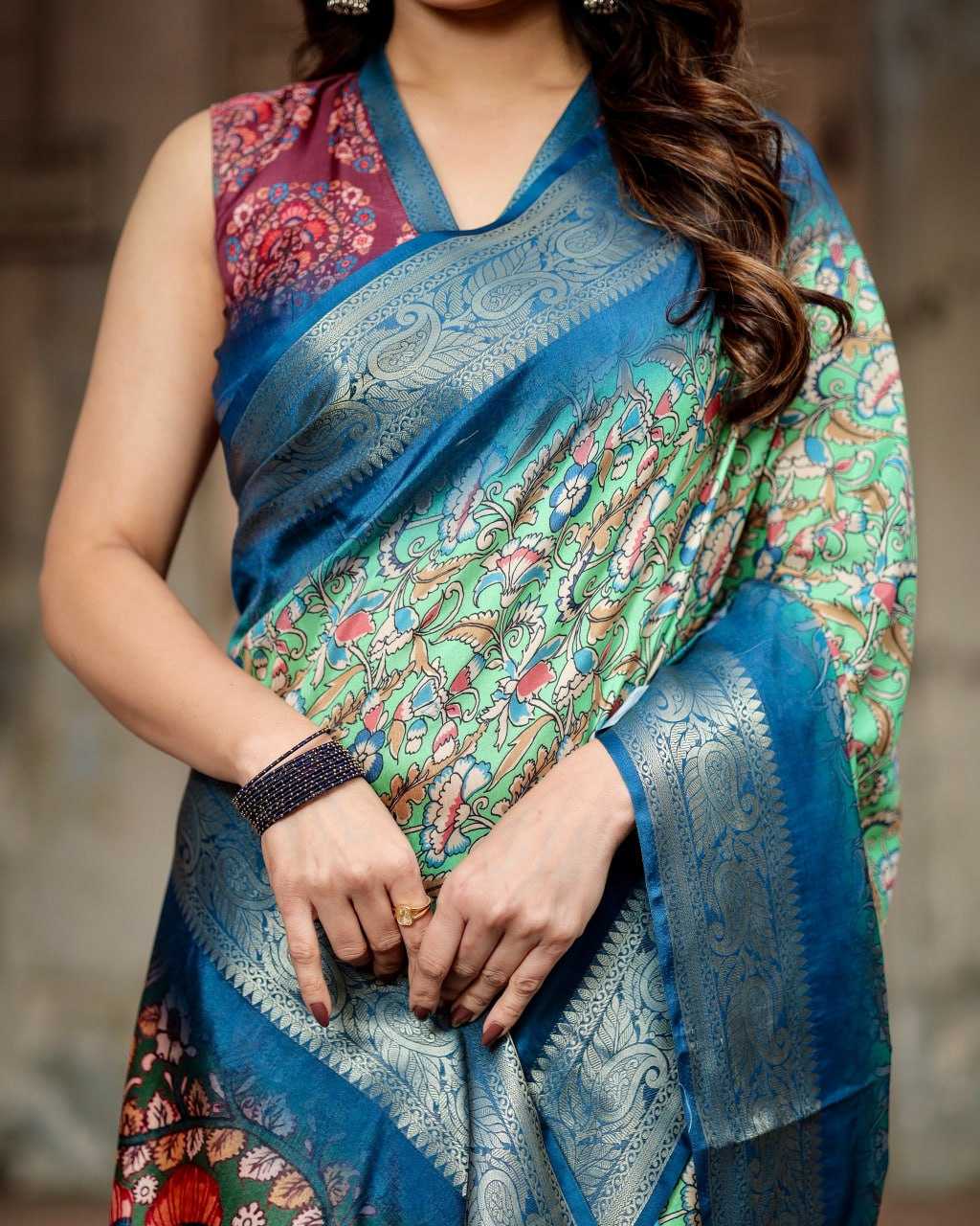 Green & Blue Pure Silk Saree with Fine Print