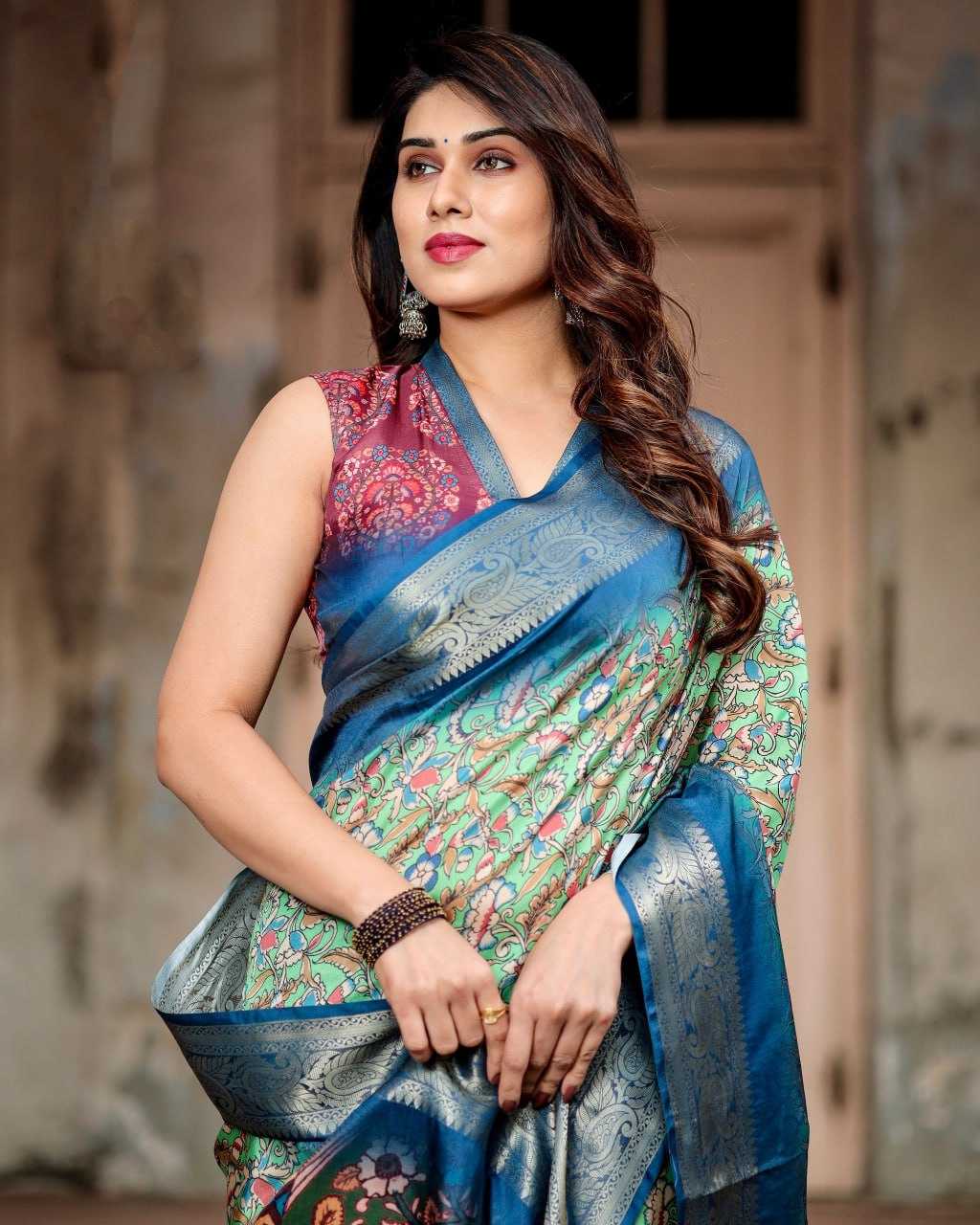 Green & Blue Pure Silk Saree with Fine Print