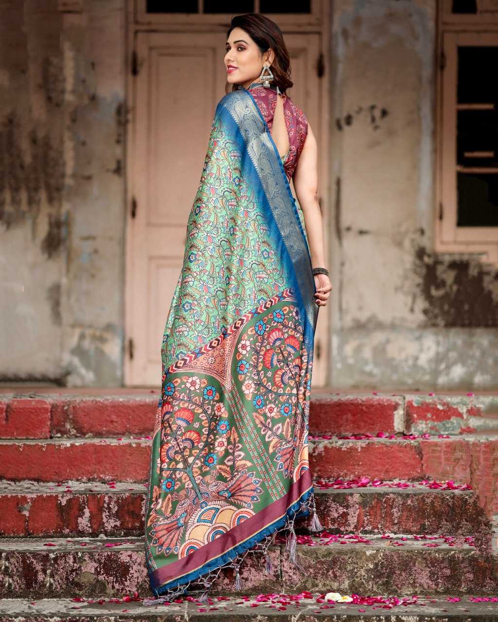 Green & Blue Pure Silk Saree with Fine Print