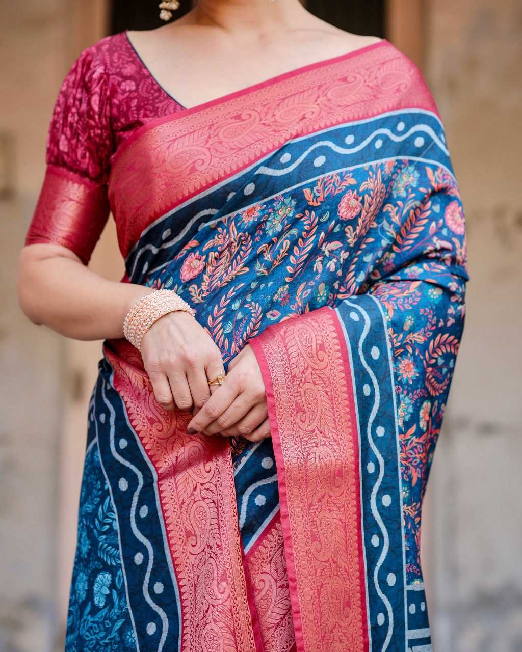 Blue Pure Silk Saree with Print All Over