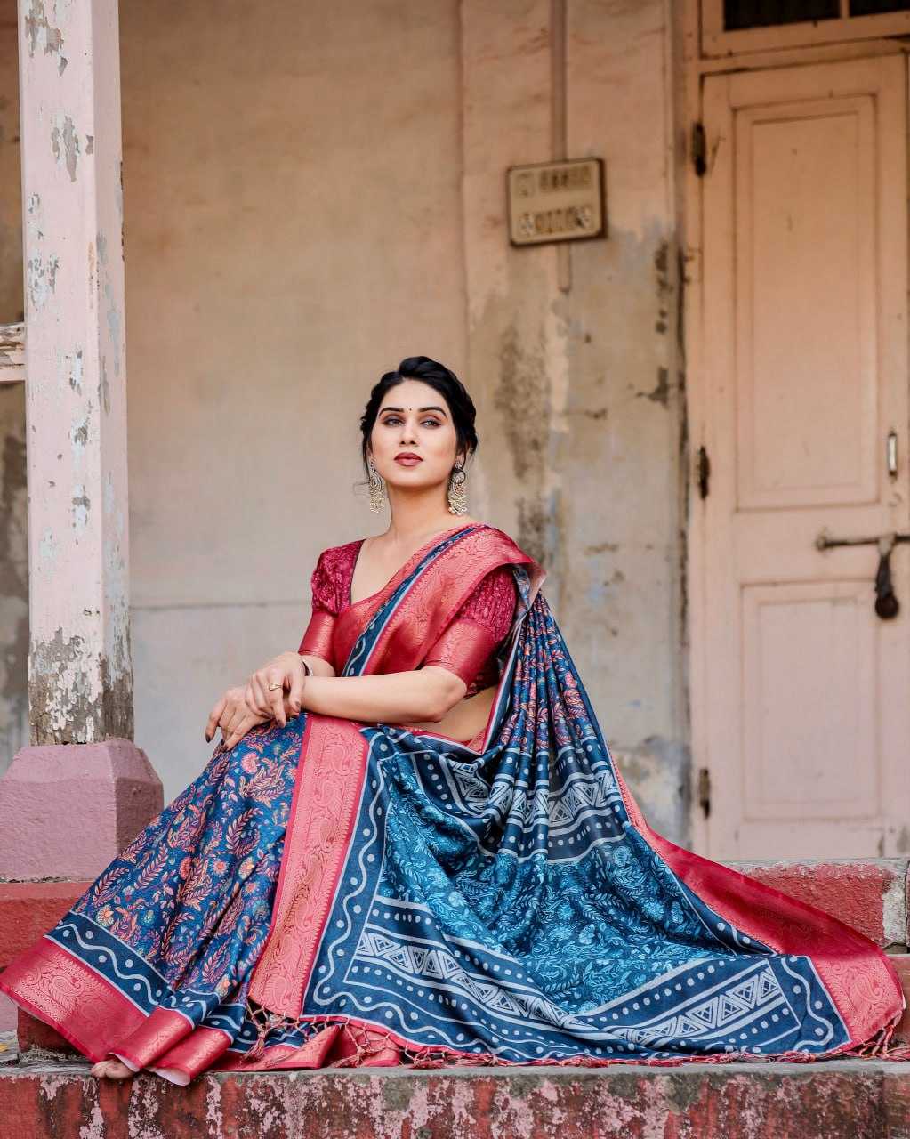 Blue Pure Silk Saree with Print All Over