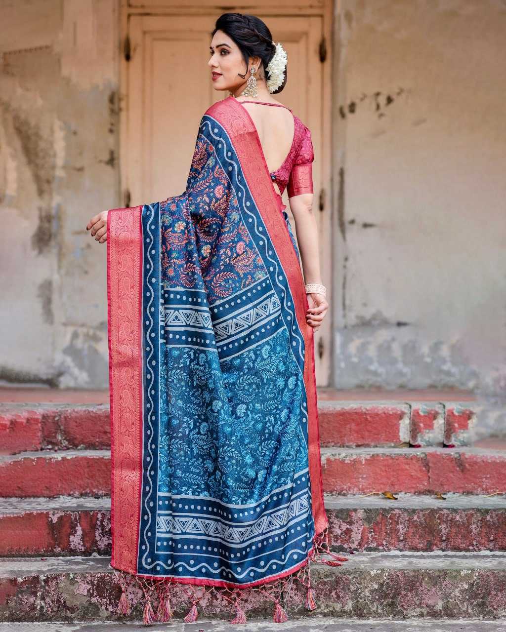 Blue Pure Silk Saree with Print All Over