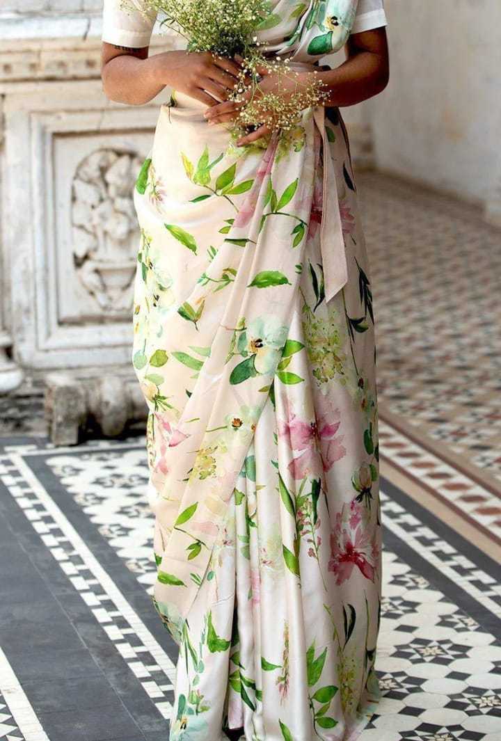 White Chic Japan Satin Saree With Digital Print