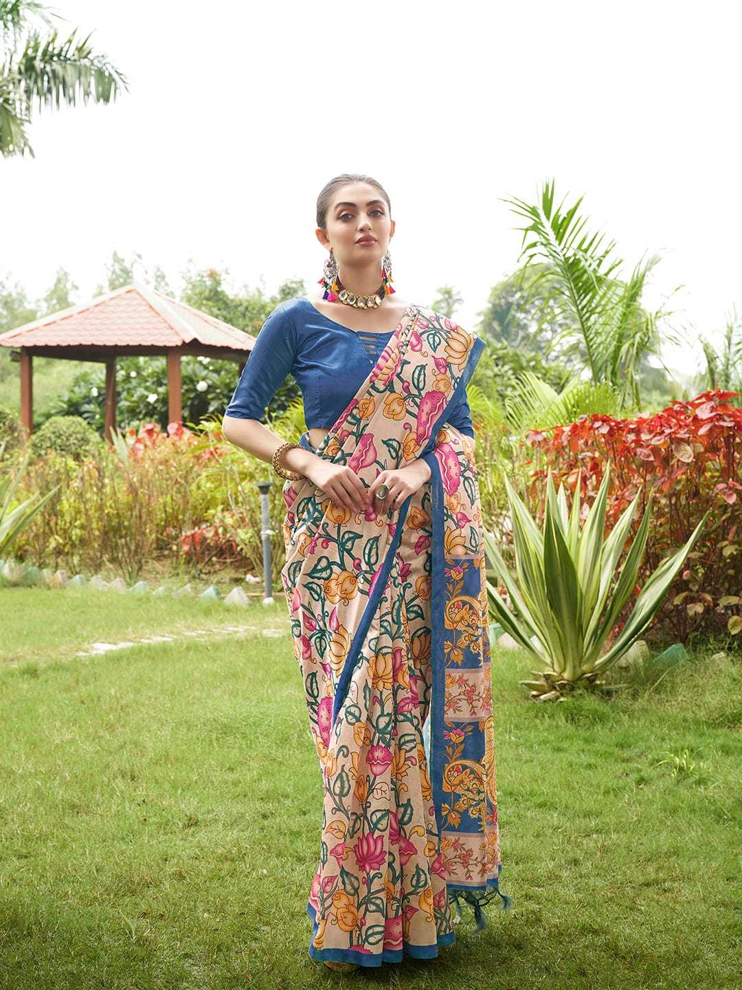 Blue Soft Tussar Silk Saree With Kalamkari Prints