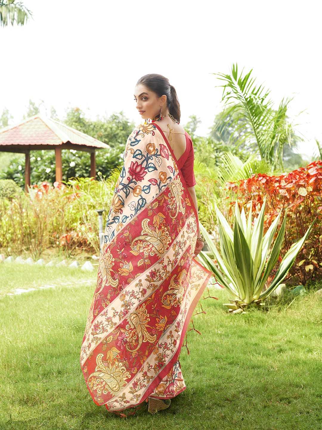 Maroon Soft Tussar Silk Saree With Kalamkari Prints