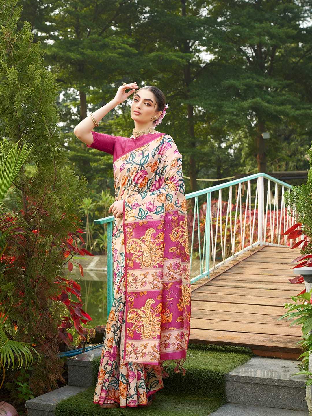 Pink Soft Tussar Silk Saree With Kalamkari Prints