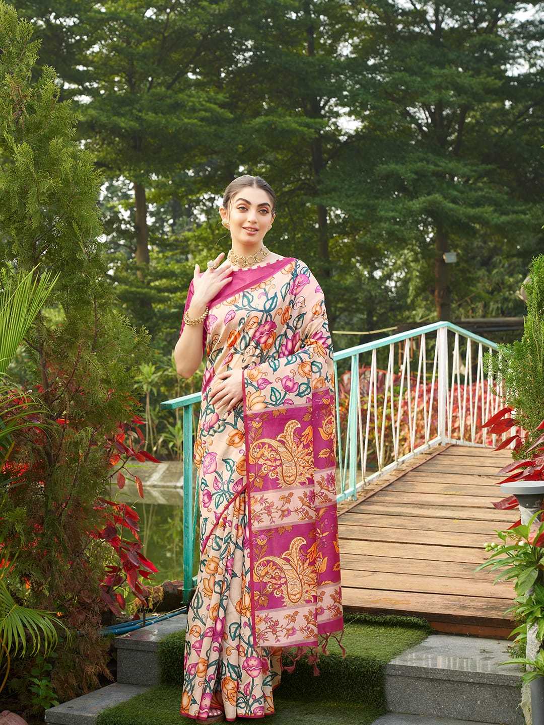 Pink Soft Tussar Silk Saree With Kalamkari Prints