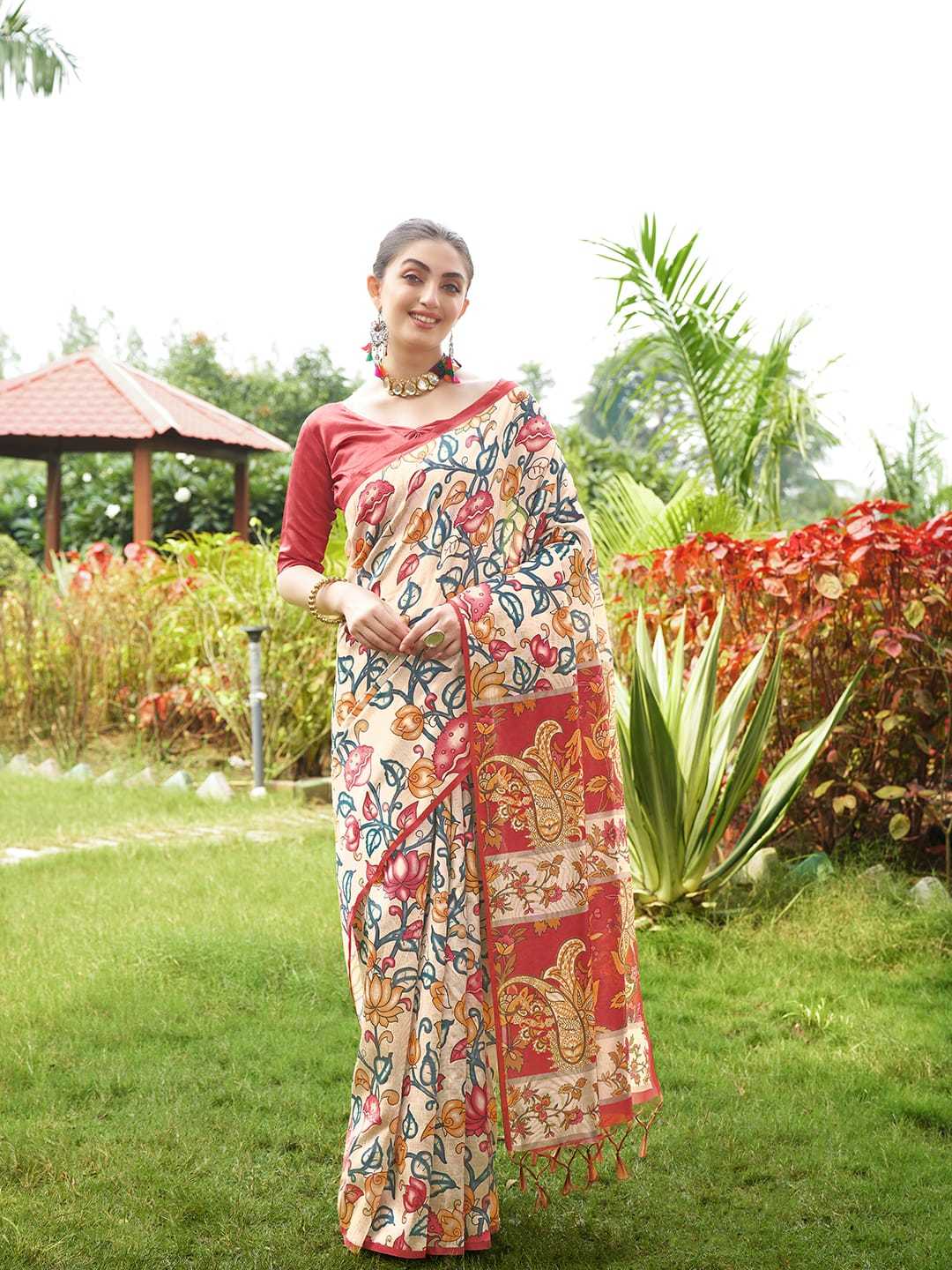 Maroon Soft Tussar Silk Saree With Kalamkari Prints