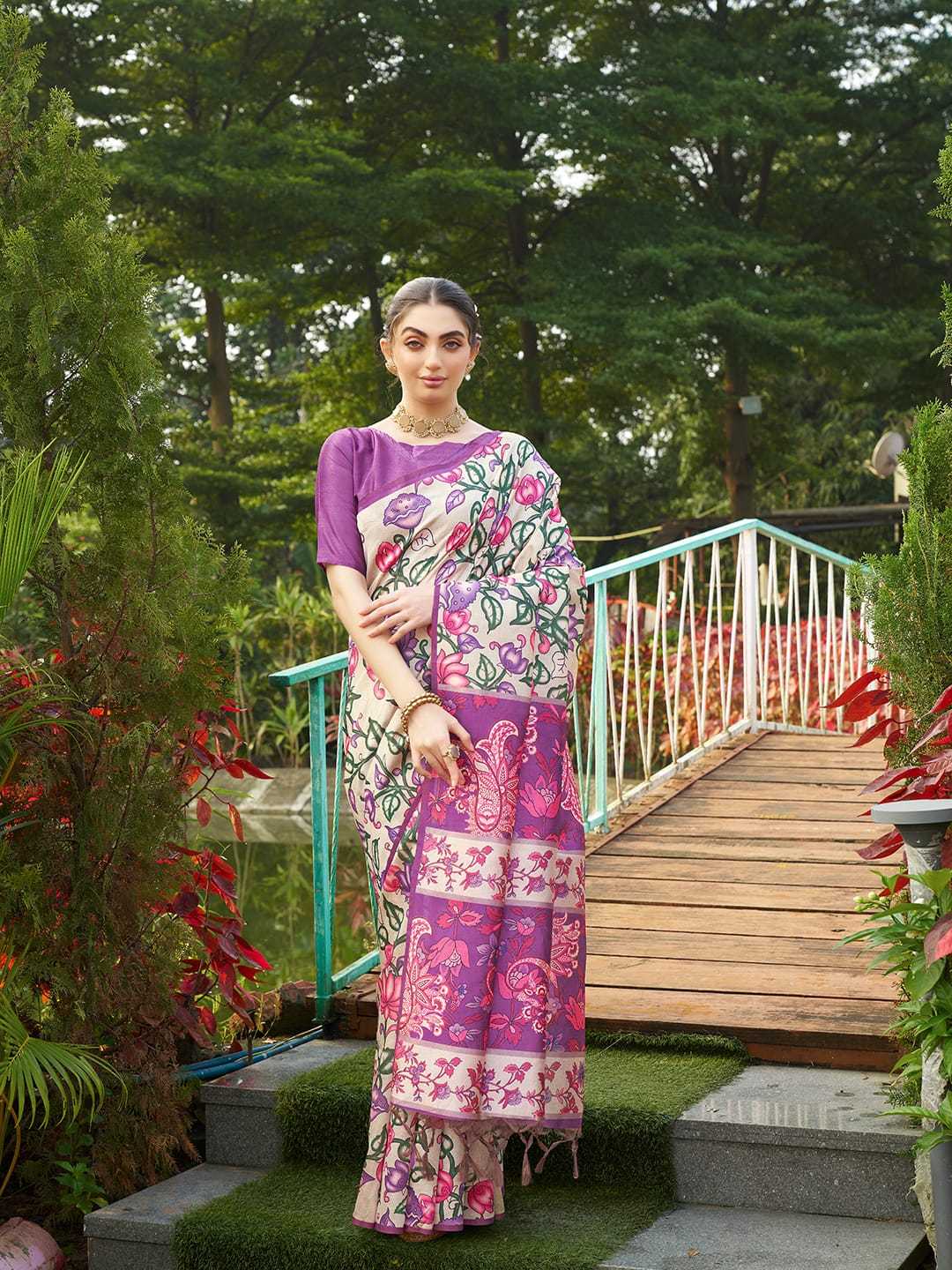 Purple Soft Tussar Silk Saree With Kalamkari Prints