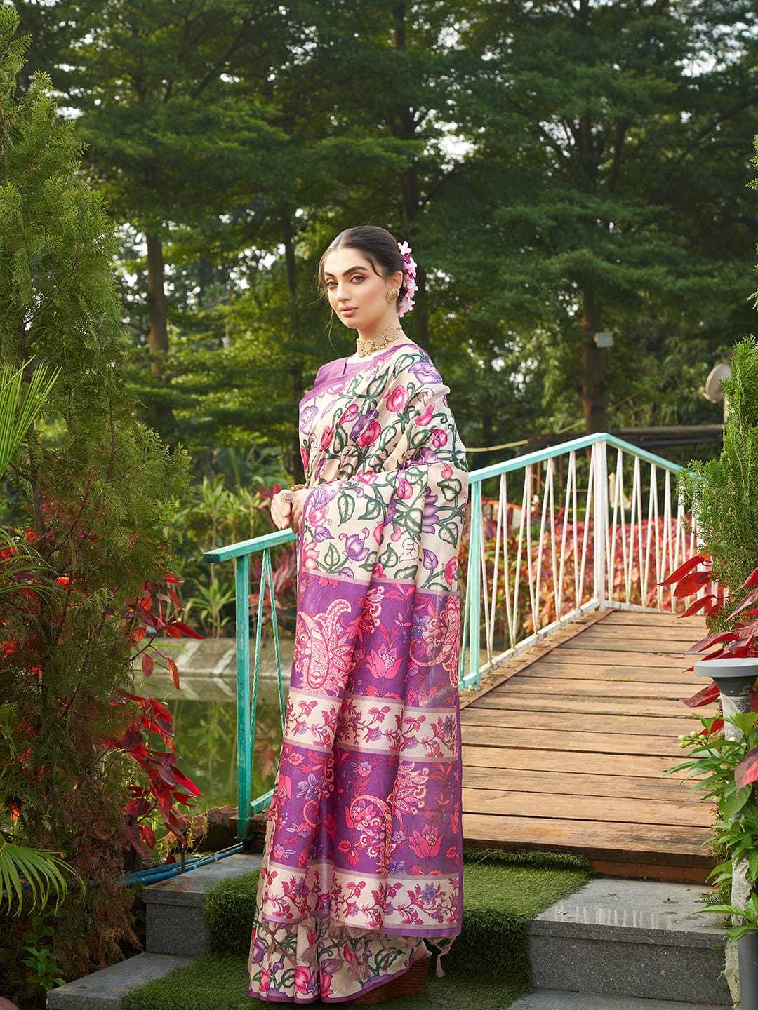 Purple Soft Tussar Silk Saree With Kalamkari Prints