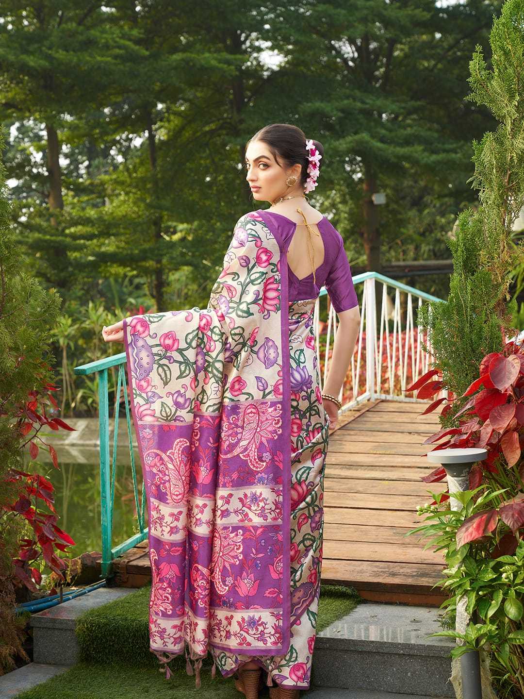 Purple Soft Tussar Silk Saree With Kalamkari Prints