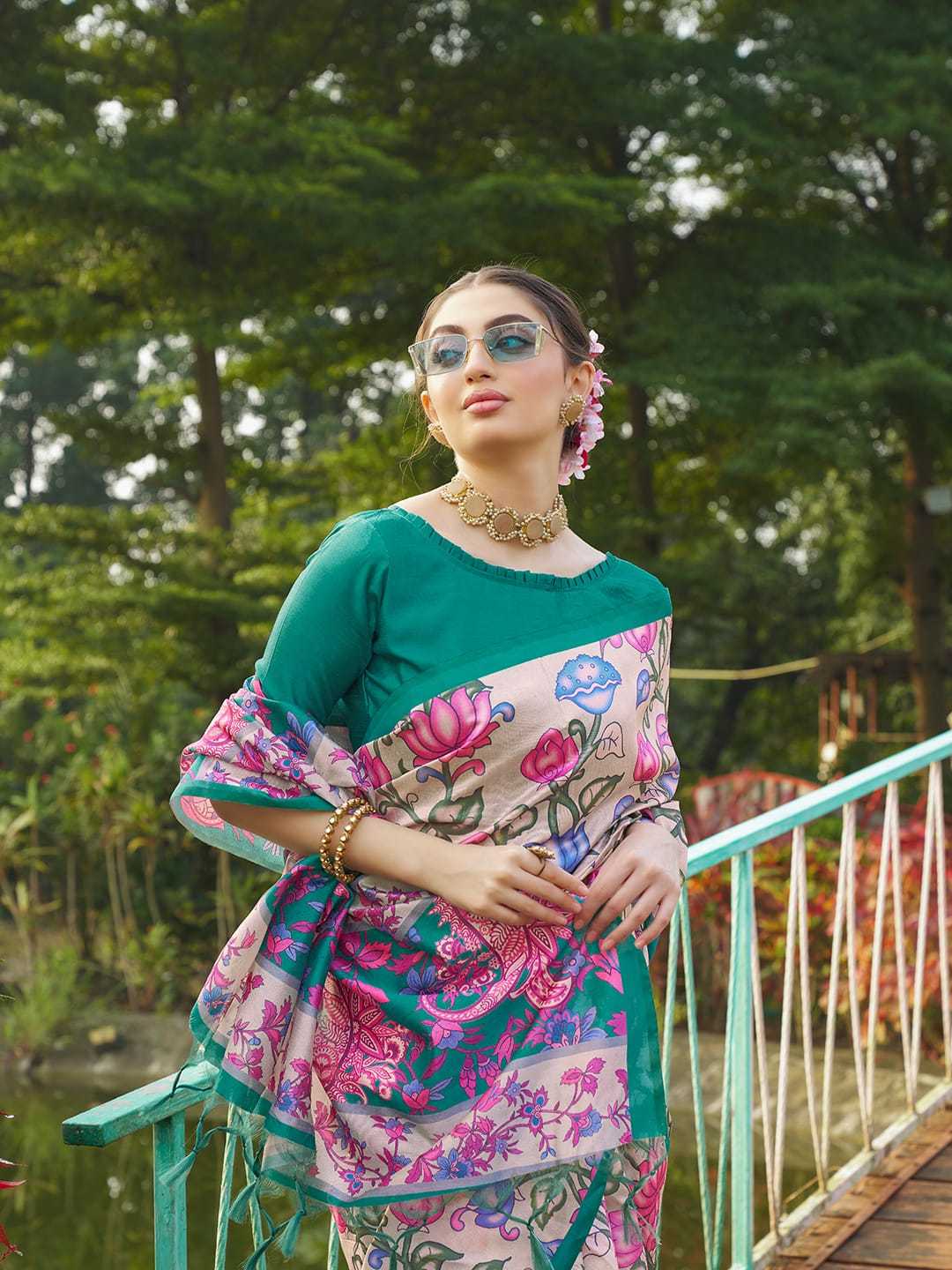 Green Soft Tussar Silk Saree With Kalamkari Prints