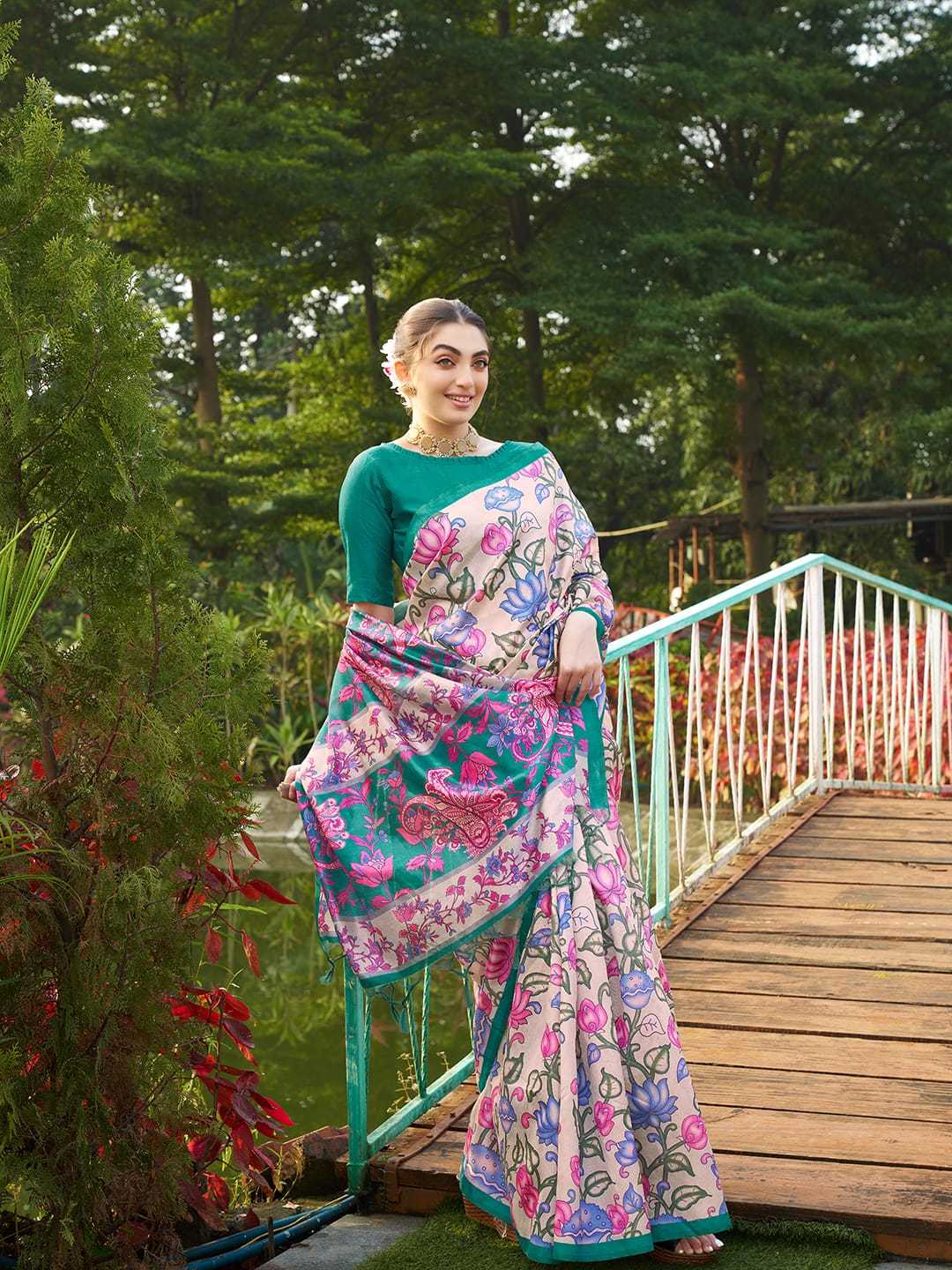 Green Soft Tussar Silk Saree With Kalamkari Prints