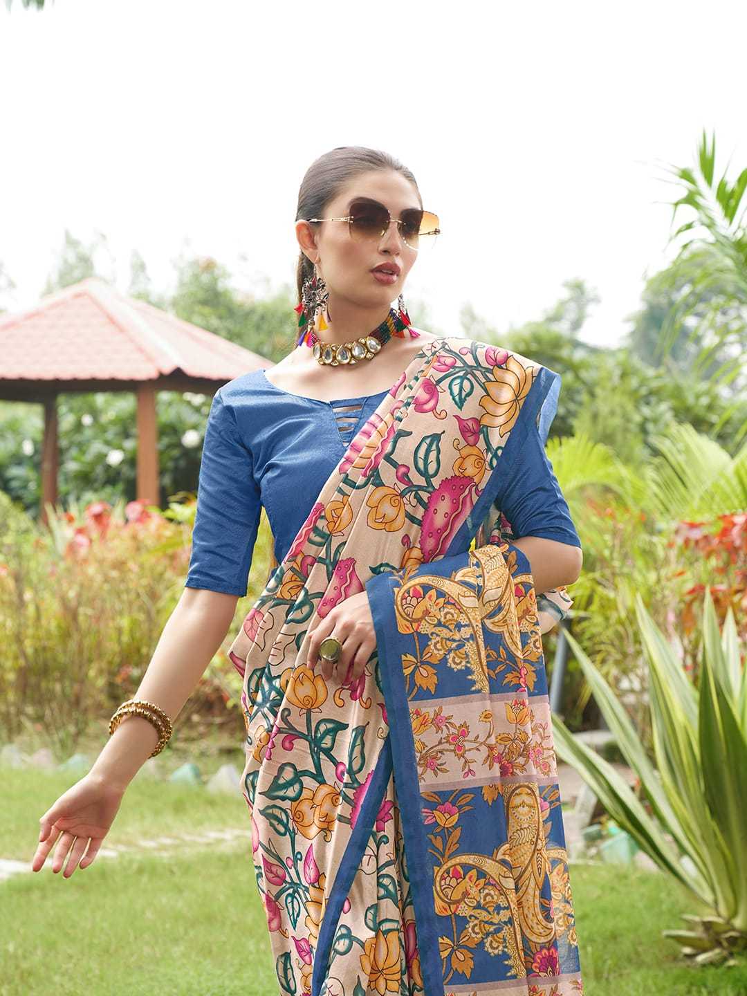 Blue Soft Tussar Silk Saree With Kalamkari Prints