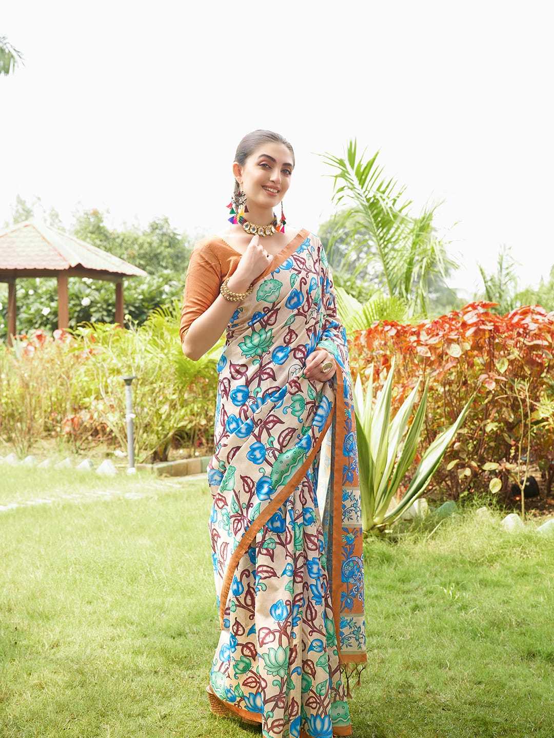 Brown Soft Tussar Silk Saree With Kalamkari Prints
