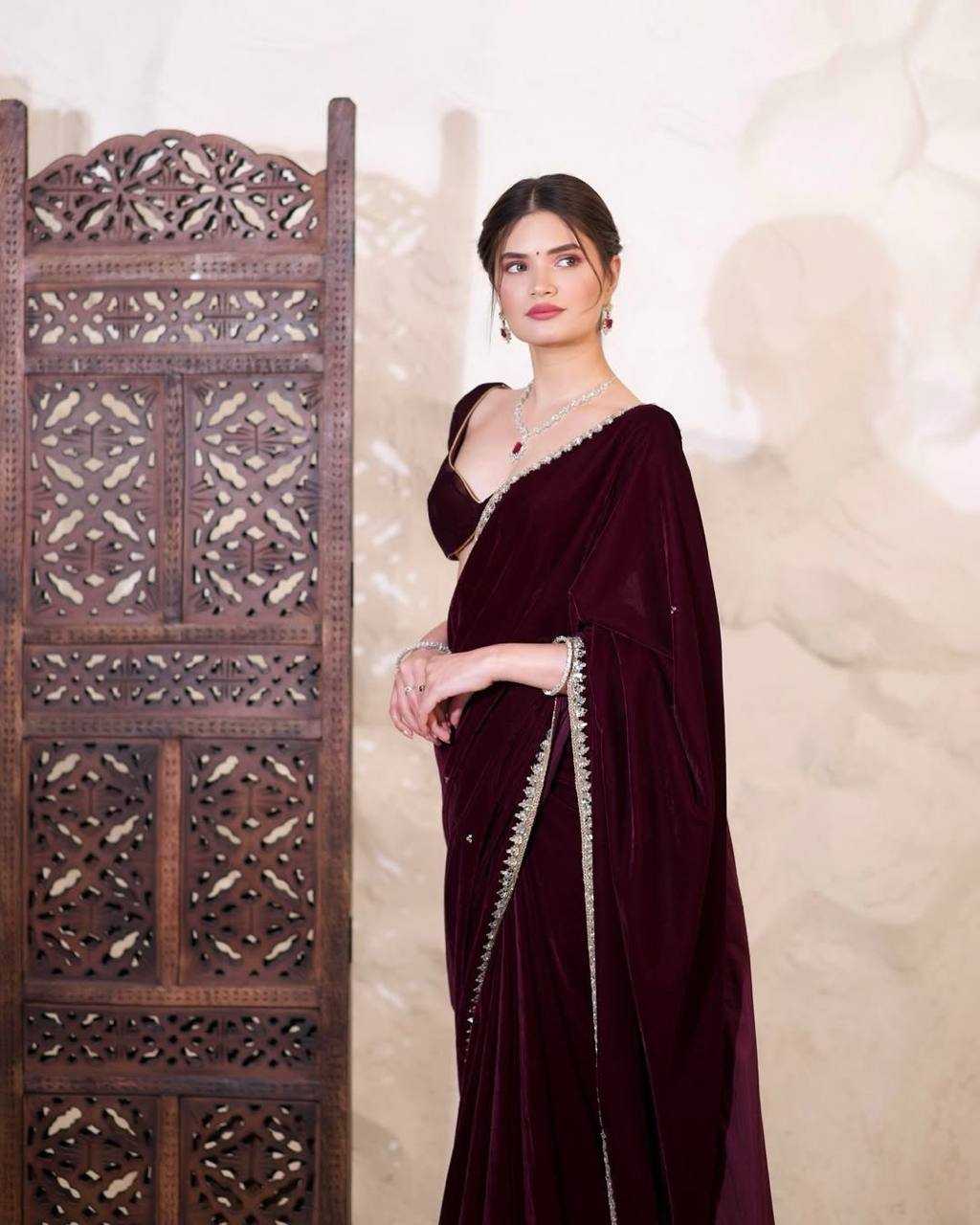 Plain Maroon Velvet Saree With Mirror Work Lace