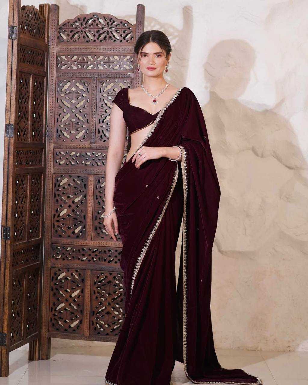 Plain Maroon Velvet Saree With Mirror Work Lace