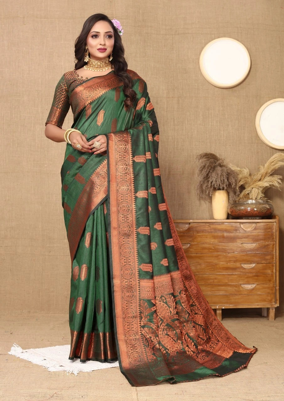 Soft Katan Silk Saree with Copper Zari Weaving Design and Rich Zari Pallu