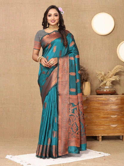 Soft Katan Silk Saree with Copper Zari Weaving Design and Rich Zari Pallu
