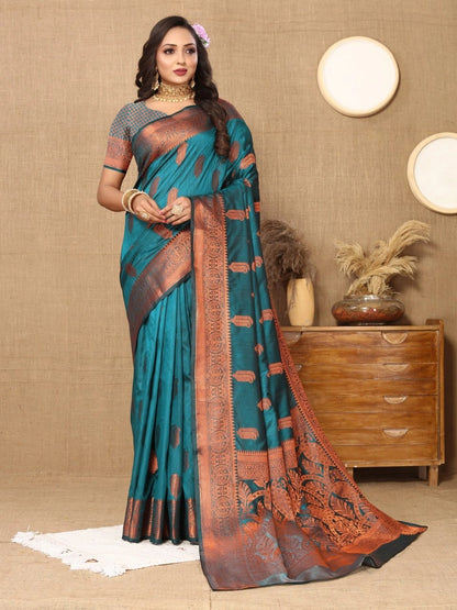 Soft Katan Silk Saree with Copper Zari Weaving Design and Rich Zari Pallu