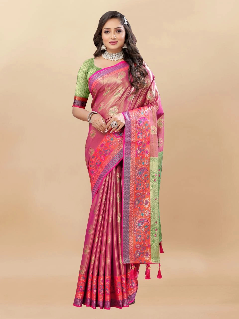 Soft Kanjivaram Silk Saree with Rich Zari Weaving and Tassel-Embellished Pallu