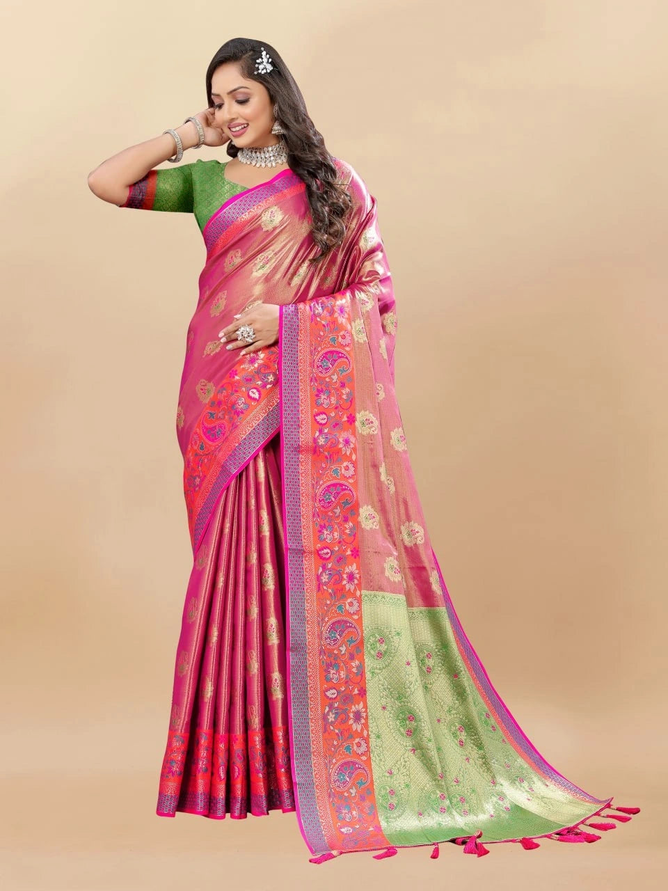 Soft Kanjivaram Silk Saree with Rich Zari Weaving and Tassel-Embellished Pallu