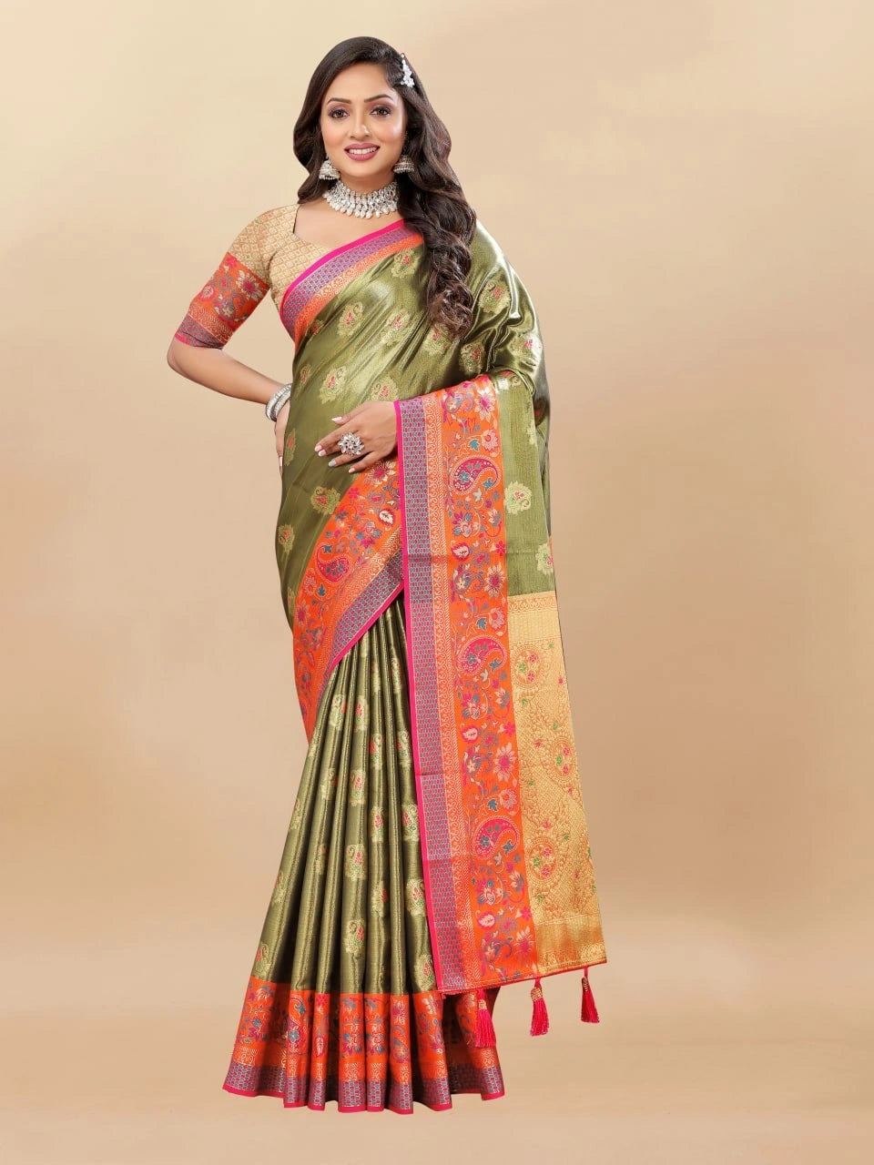 Soft Kanjivaram Silk Saree with Rich Zari Weaving and Tassel-Embellished Pallu