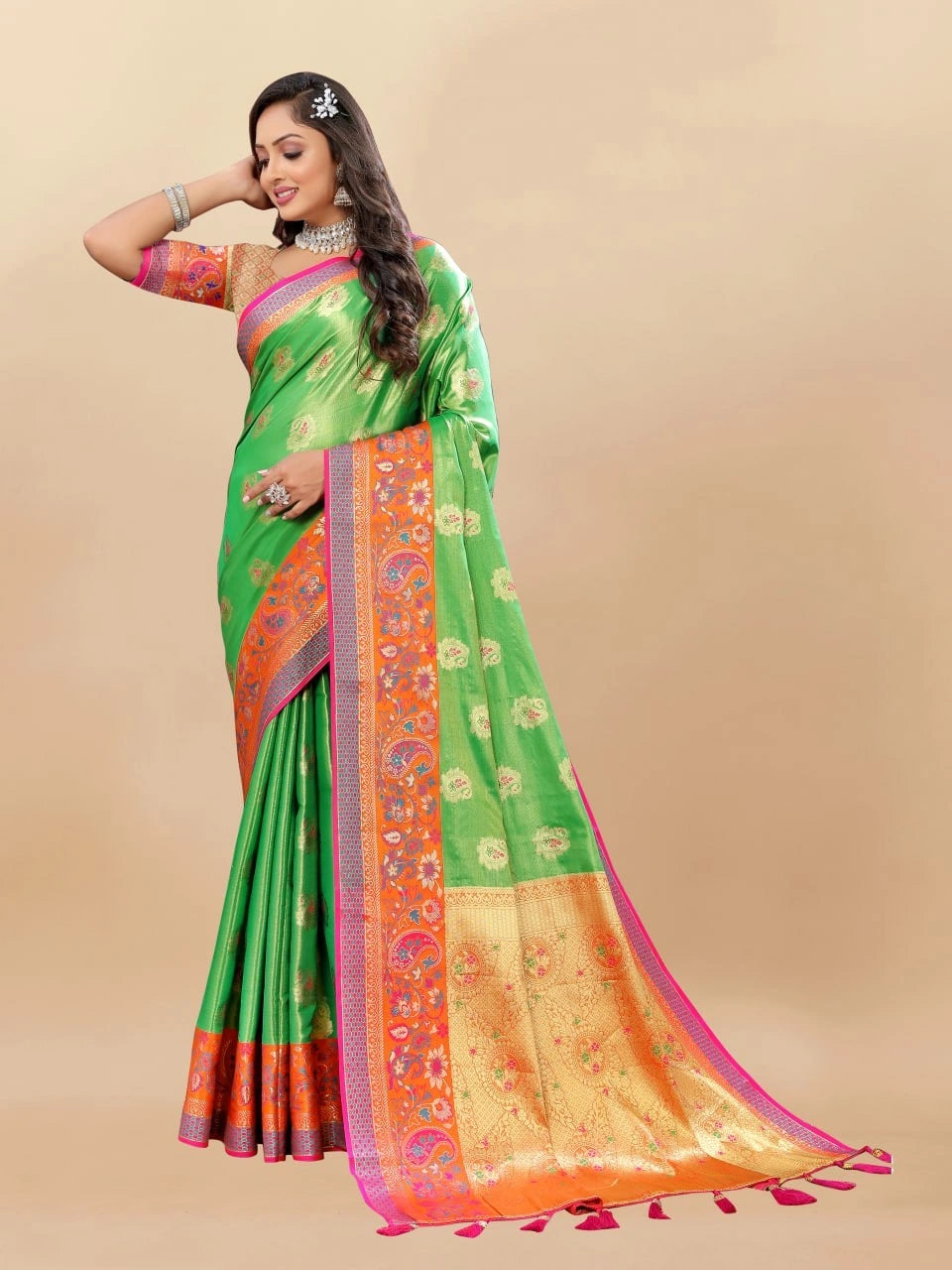 Soft Kanjivaram Silk Saree with Rich Zari Weaving and Tassel-Embellished Pallu
