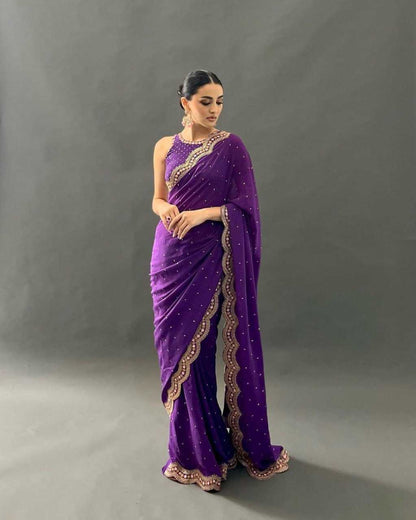Stylish Faux Georgette Party Wear Saree with Moti Work