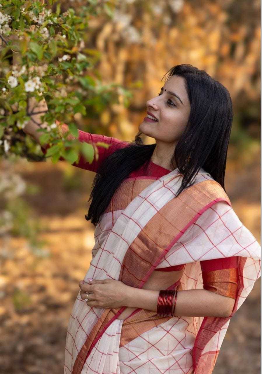 White Elegant Linen Saree With Gold Zari Checks