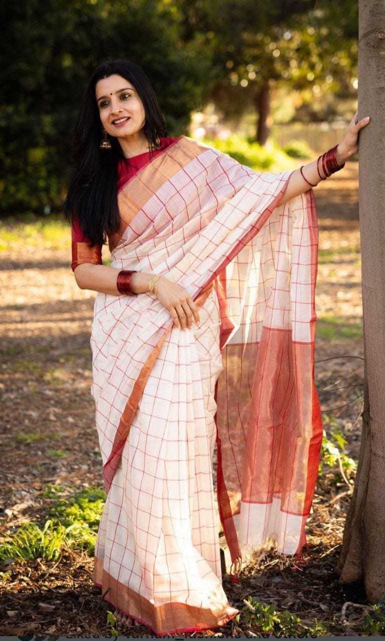 White Elegant Linen Saree With Gold Zari Checks
