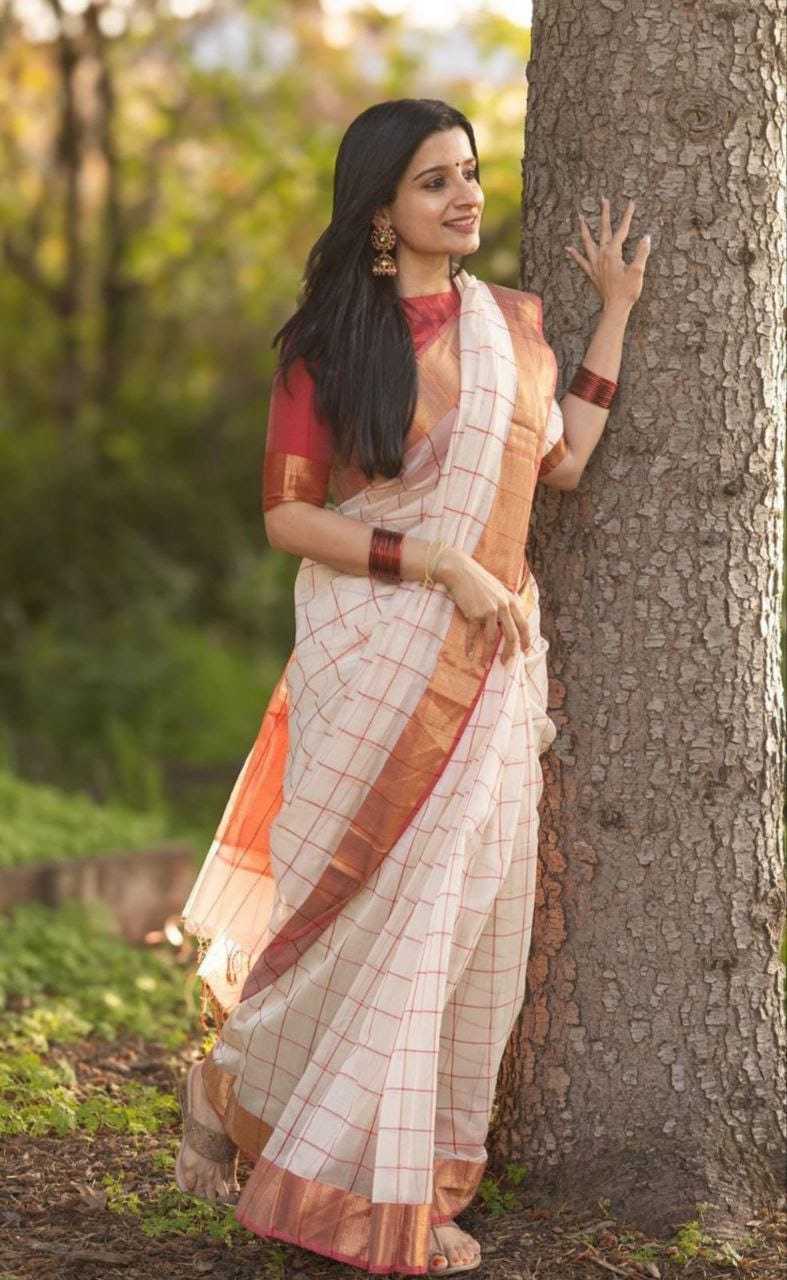 White Elegant Linen Saree With Gold Zari Checks