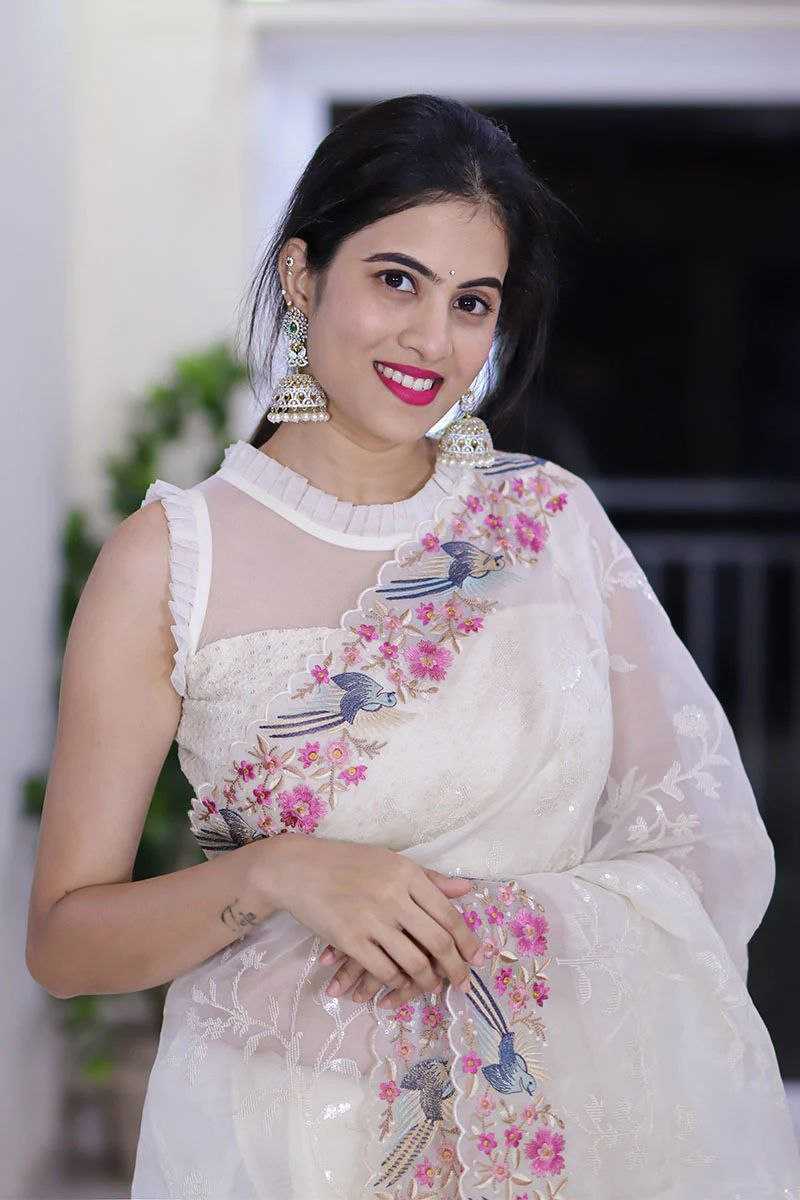 Cream Organza Silk Saree