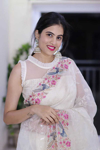 Cream Organza Silk Saree