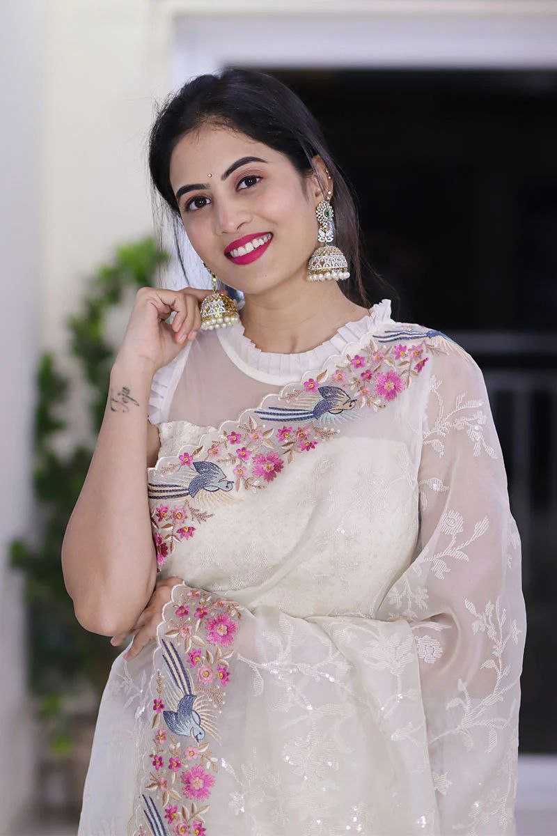 Cream Organza Silk Saree