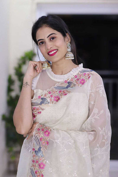 Cream Organza Silk Saree
