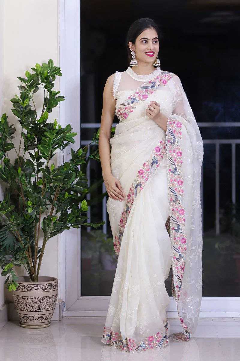 Cream Organza Silk Saree