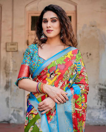 Multi Color Pure Silk Saree with Broad Print